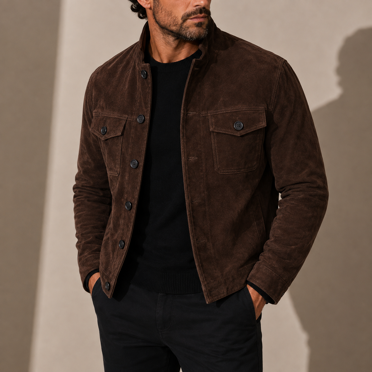 Herren Wildlederjacke – Stehkragen Knopfverschluss Lässiger Stil RivaSylt