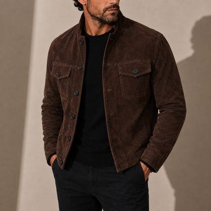 Herren Wildlederjacke – Stehkragen Knopfverschluss Lässiger Stil RivaSylt