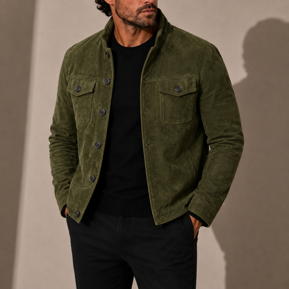 Herren Wildlederjacke – Stehkragen Knopfverschluss Lässiger Stil RivaSylt