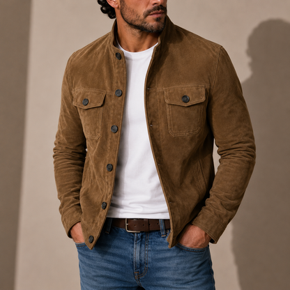 Herren Wildlederjacke – Stehkragen Knopfverschluss Lässiger Stil RivaSylt