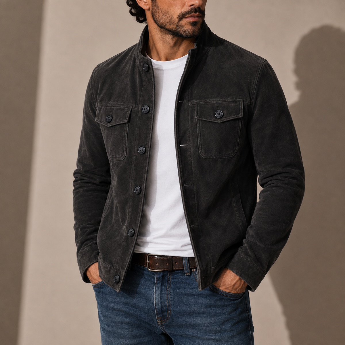 Herren Wildlederjacke – Stehkragen Knopfverschluss Lässiger Stil RivaSylt