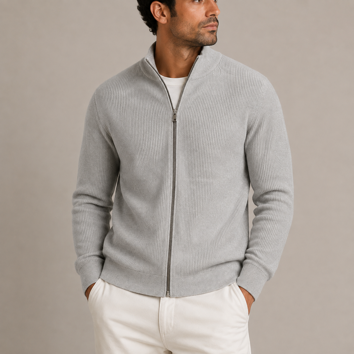 Herren Rippstrick Zip-Cardigan – Vollzip Strickpullover mit Stehkragen RivaSylt