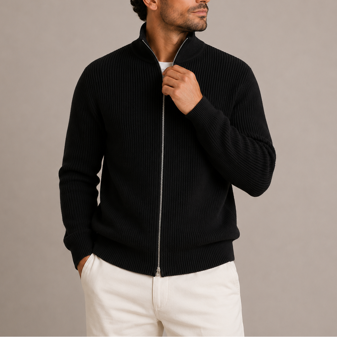 Herren Rippstrick Zip-Cardigan – Vollzip Strickpullover mit Stehkragen RivaSylt