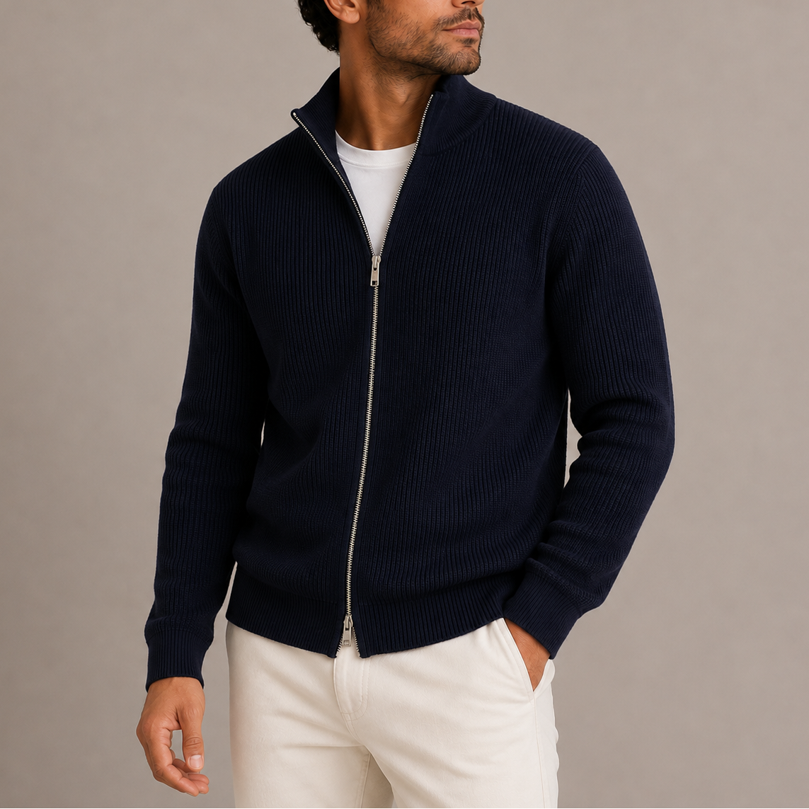 Herren Rippstrick Zip-Cardigan – Vollzip Strickpullover mit Stehkragen RivaSylt