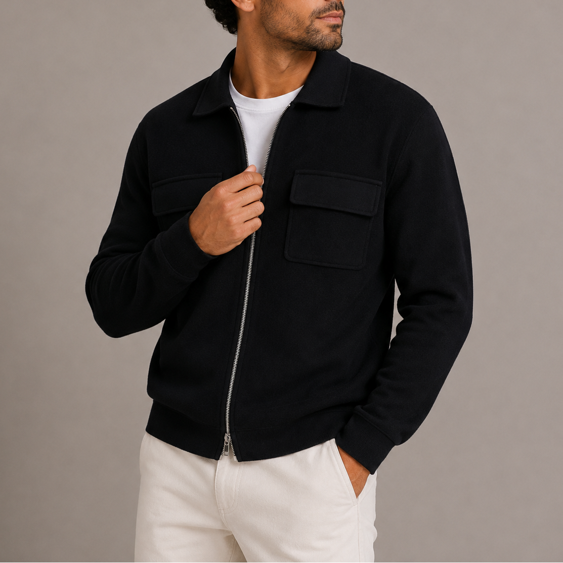 Herren Strickjacke mit Reißverschluss – Cardigan mit Kragen und Brusttaschen RivaSylt