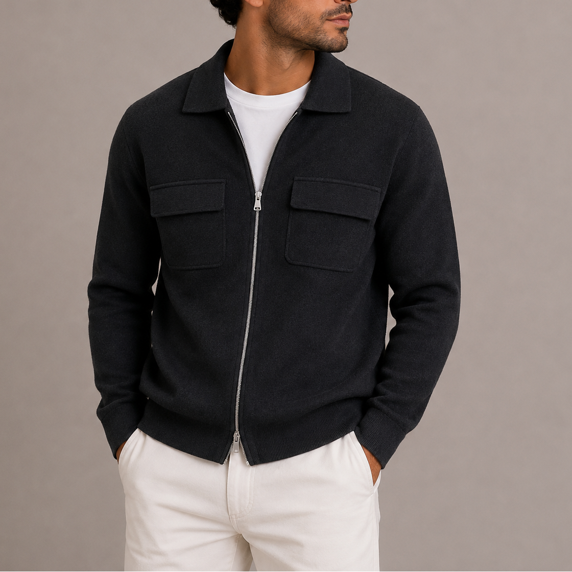 Herren Strickjacke mit Reißverschluss – Cardigan mit Kragen und Brusttaschen RivaSylt