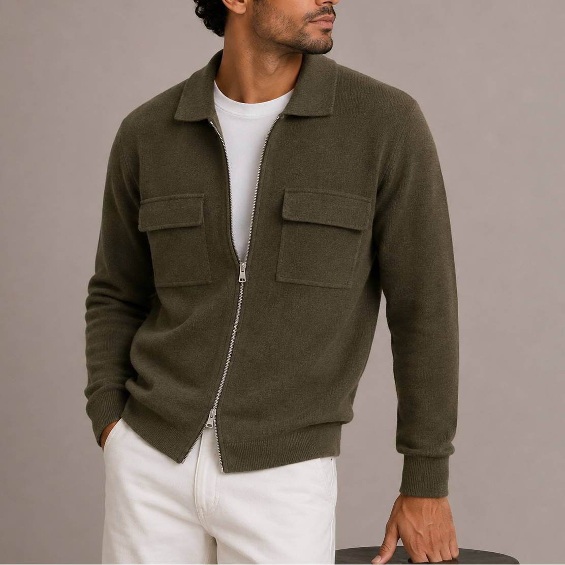 Herren Strickjacke mit Reißverschluss – Cardigan mit Kragen und Brusttaschen RivaSylt