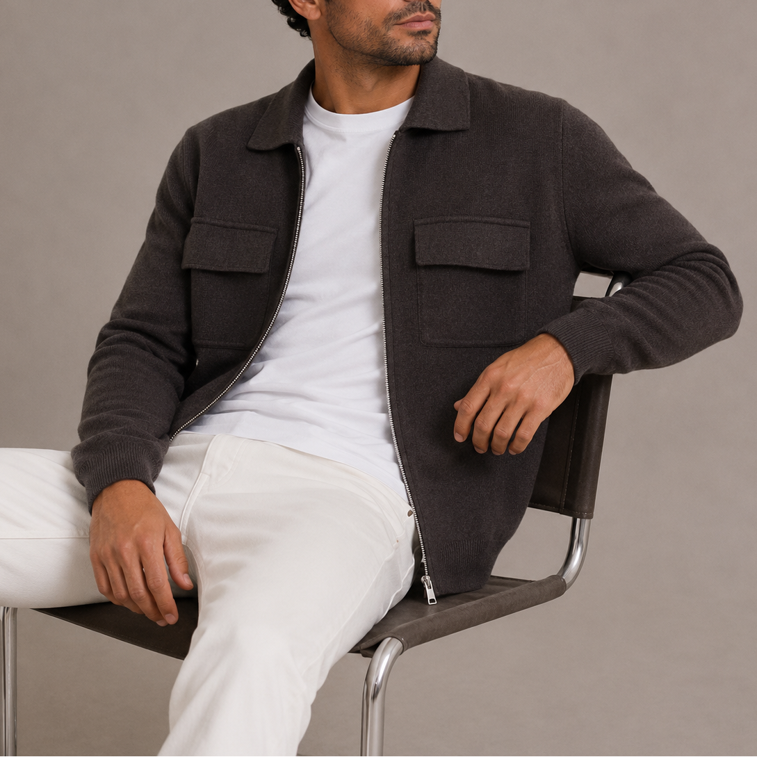 Herren Strickjacke mit Reißverschluss – Cardigan mit Kragen und Brusttaschen RivaSylt