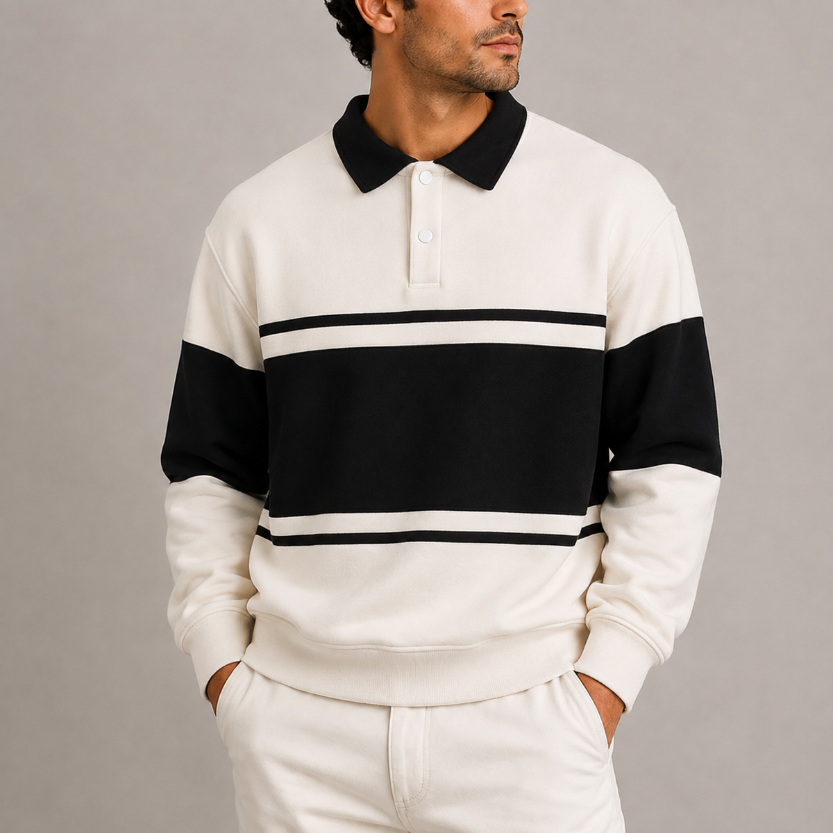 Herren Retro Farbblock Polo Sweatshirt – Langarm RivaSylt