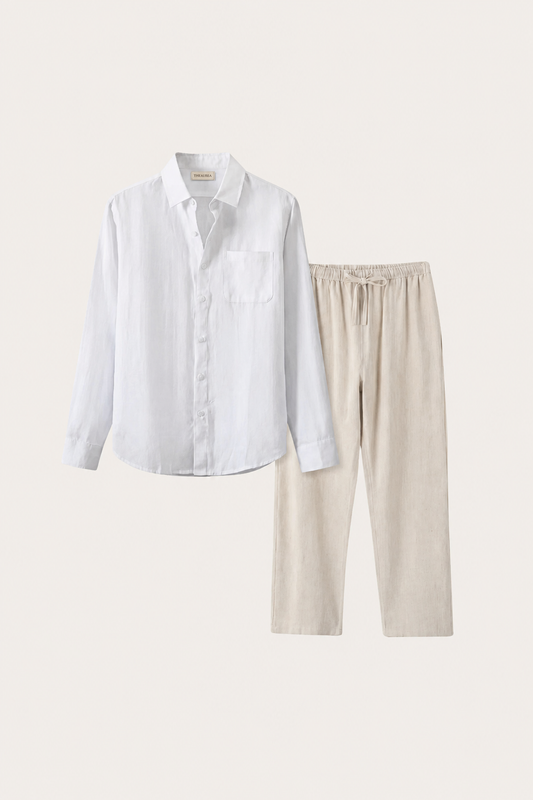 Pisa Leinen Set Langarm Weiß/Beige Maja