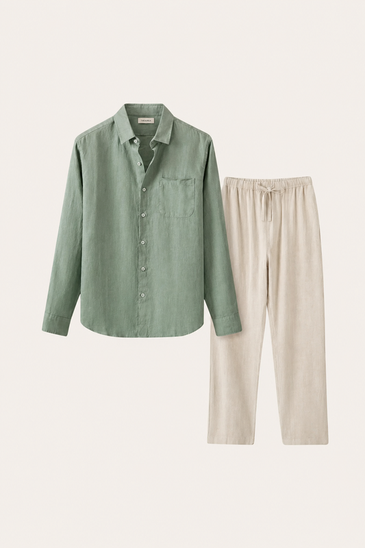 Pisa Leinen Set Langarm Grün/Beige Maja