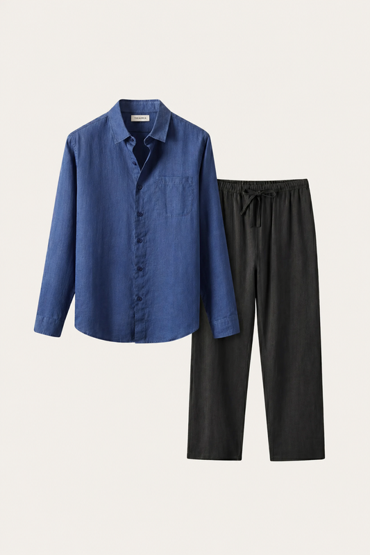 Pisa Leinen-Set Langarm Blau/Schwarz Maja