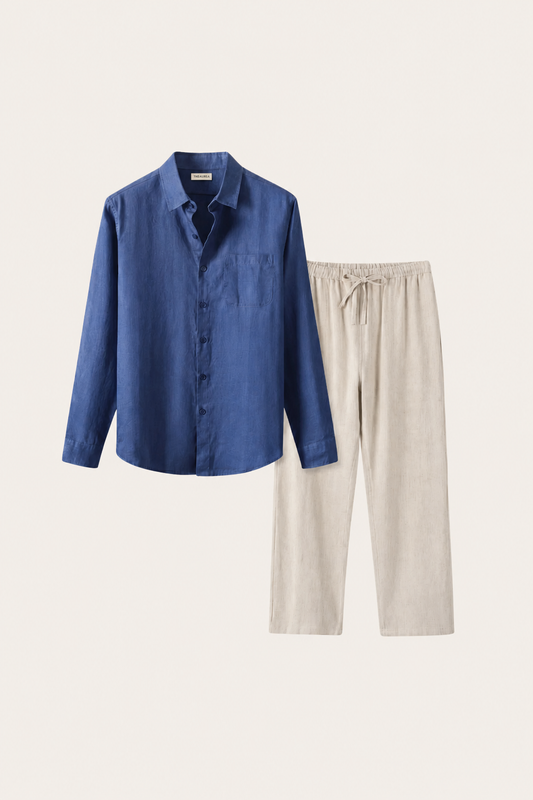Pisa Leinen Set Langarm Blau/Beige Maja