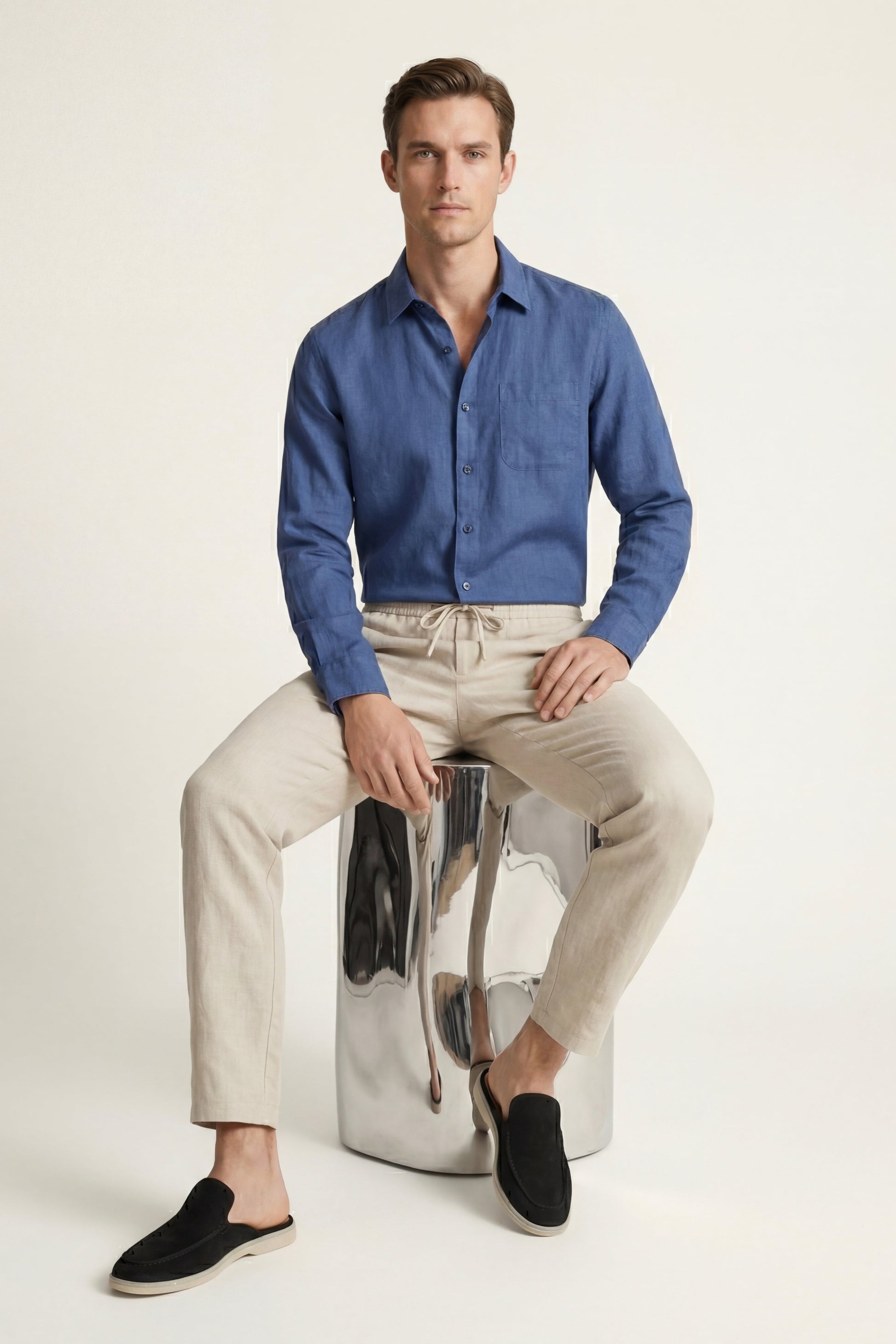 Pisa Leinen Set Langarm Blau/Beige Maja