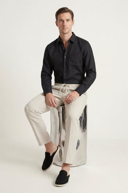 Pisa Leinen Set Langarm Schwarz/Beige Maja