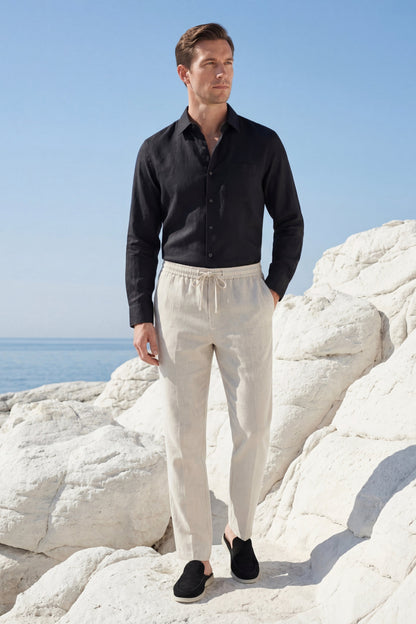 Pisa Leinen Set Langarm Schwarz/Beige Maja