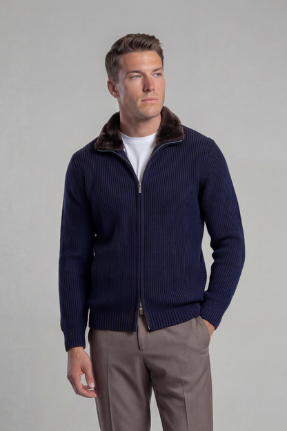 Prager Pelzkragen Cardigan - Marineblau RivaSylt
