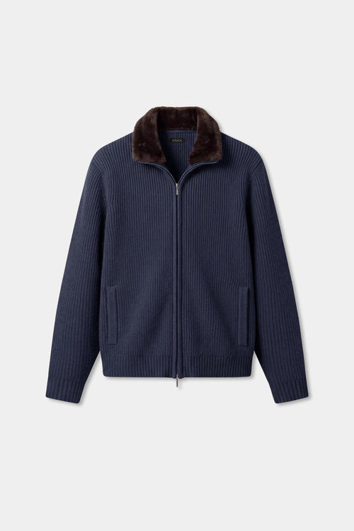 Prager Pelzkragen Cardigan - Marineblau RivaSylt